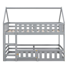 Load image into Gallery viewer, Twin over Twin House Bunk Bed with Fence and Door, Gray
