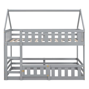 Twin over Twin House Bunk Bed with Fence and Door, Gray