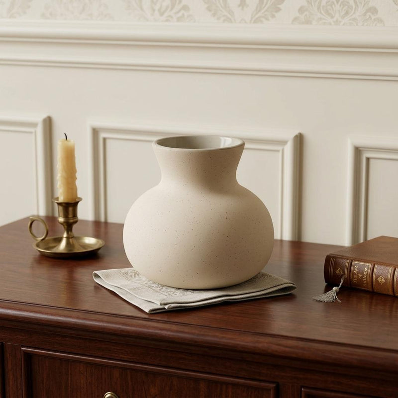 Ceramic Round Table Vase With Sculptural Details - Cream
