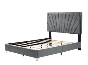 B108 Queen bed Beautiful line stripe cushion headboard , strong wooden slats + metal support feet, Gray Flannelette