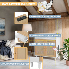 Load image into Gallery viewer, Pet Friendly Furniture Style Cat Litter Box House With Sisal Scratching Door And Charging Socket - Beige / White
