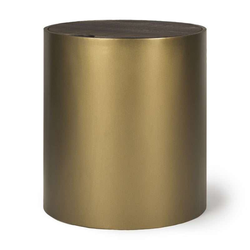 22" Antiqued Metal And Solid Wood Drum End Table With Storage - Gold