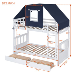 Twin Over Twin Bunk Bed Wood Bed with Tent and Drawers, White+Blue Tent