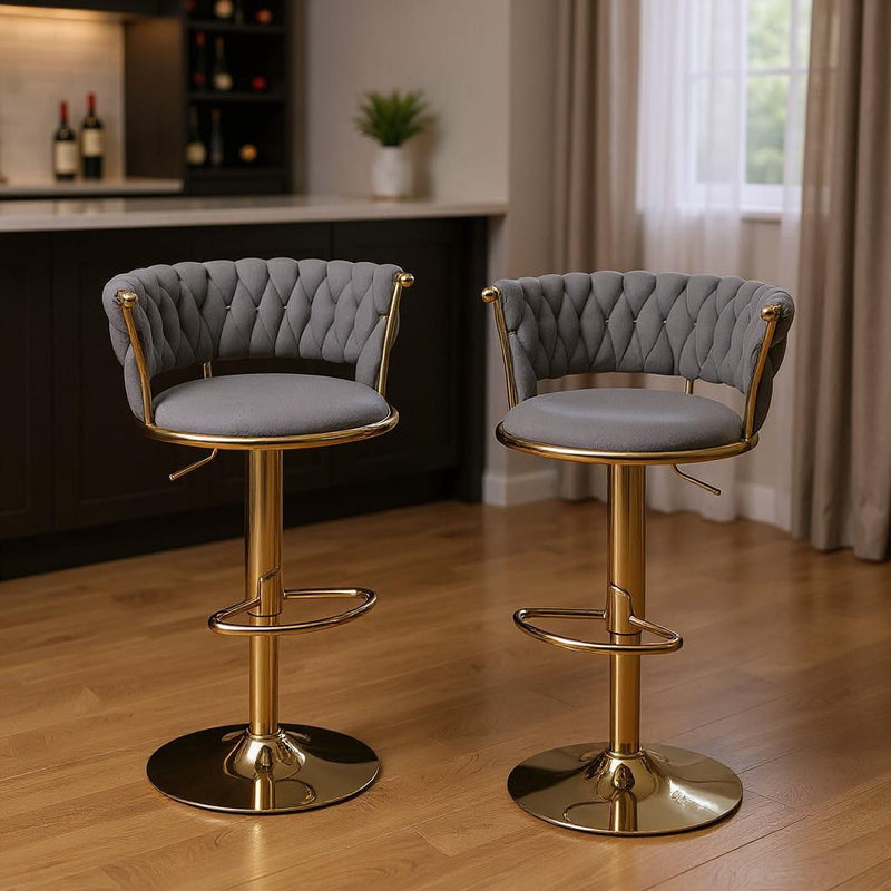 Velvet Metal Low Back Adjustable Height Swivel Bar Chairs (Set of 2) - Gray / Gold