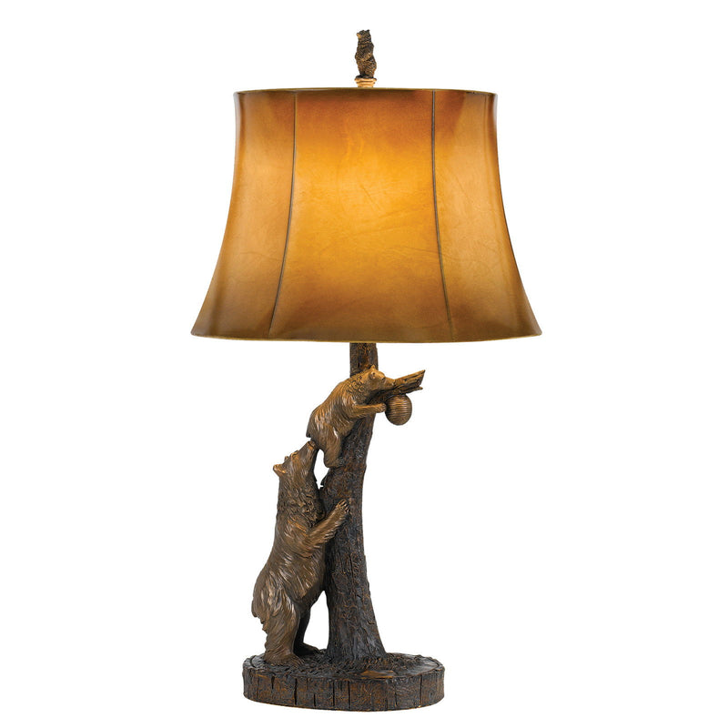 Bears After the Honey Table Lamp With Brown Faux Leather Shade - Bronze