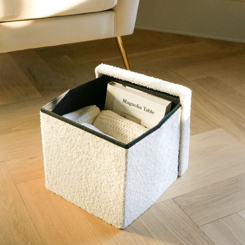 12" Boucle Cube Storage Ottoman - White