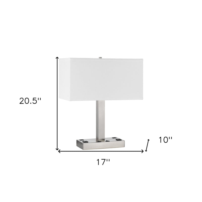 Metal Two Light Desk USB Table Lamp With White Shade - Nickel