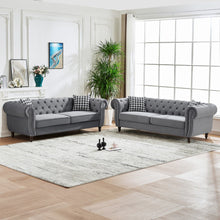 Load image into Gallery viewer, Chesterfield Upholstery Fabric Sofa With Roll Armrest &amp; Nailhead, Mid Century Modern 3 And 3 Seater Couch
