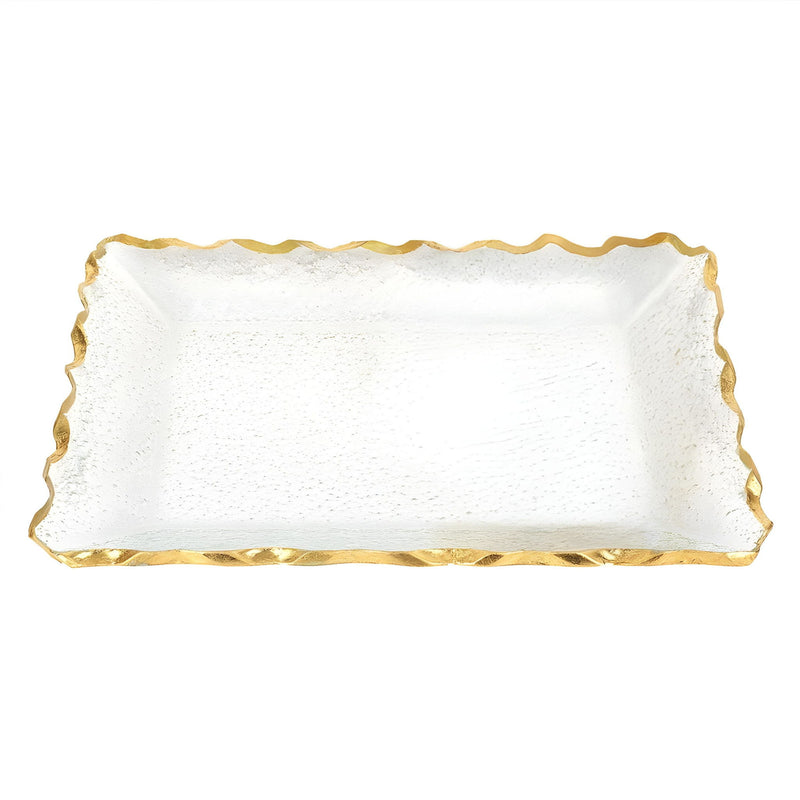 14" Bubble Glass Scalloped Rim Rectangular Tray - Clear / Gold