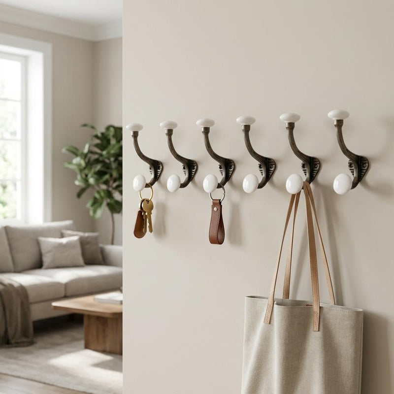 Cast Iron And Ceramic Double Wall Hooks (Set of 6) - Bronze And White