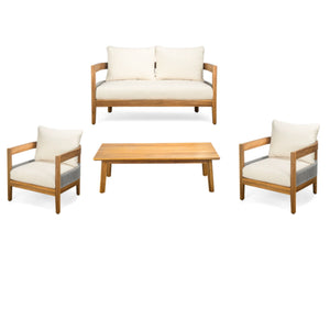 Porto - Outdoor 4 Piece Chat Set, Comfortable Seating, Acacia Wood And Rope, Compact Dimensions - Teak / Beige