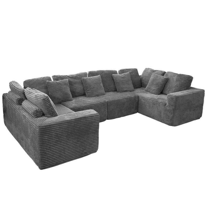 Corduroy Modular U Shaped Four Piece Corner Sectional With Console And Toss Pillows - Gray