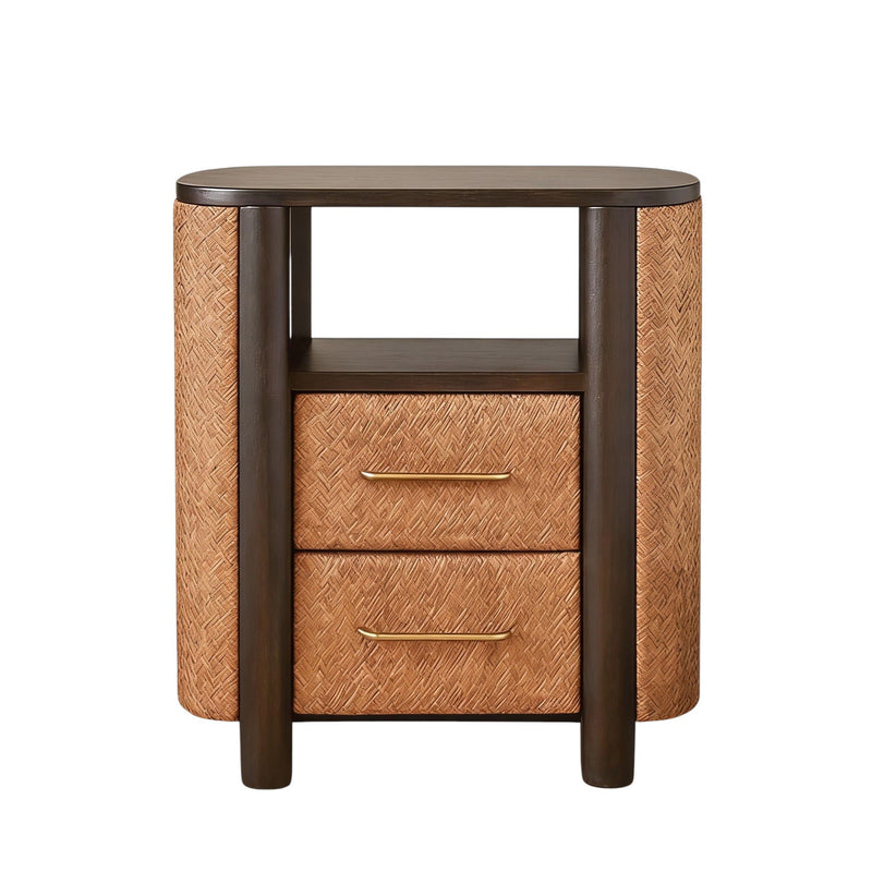 Solid Wood Woven Texture Two Drawer Nightstand - Espresso / Mocha