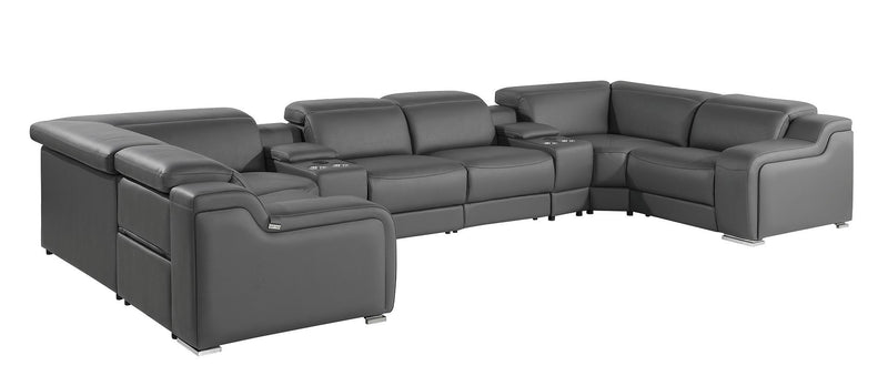 Italian Leather Power Reclining U-Shaped Eight Piece Corner Sectional With Console - Dark Gray