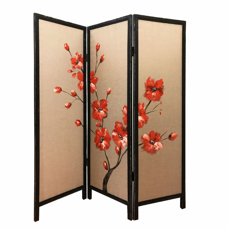 Fabric Folding Three Panel Screen Room Divider - Brown