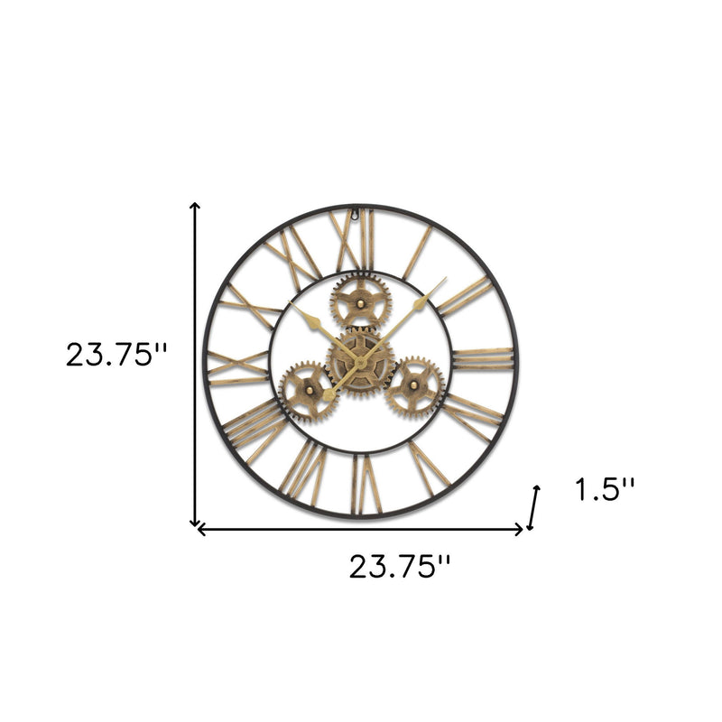 Analog Exposed Gear Round Wall Clock - Black / Gold