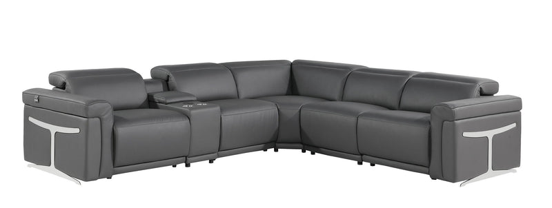 Italian Leather Modular L Shaped Six Piece Corner Sectional With Console - Gray