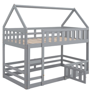 Twin over Twin House Bunk Bed with Fence and Door, Gray