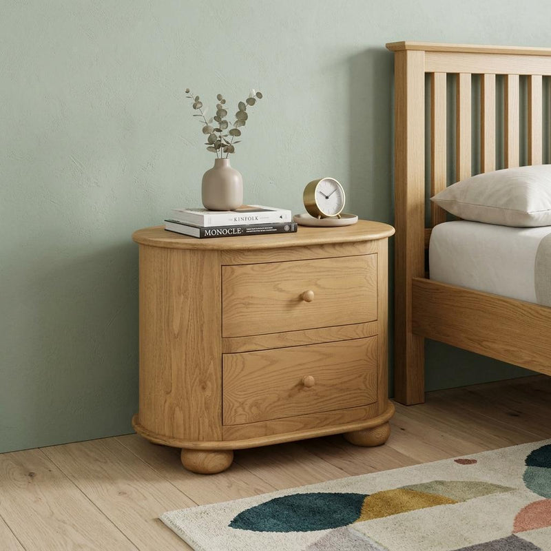 Solid Wood Oval Distressed Two Drawer Nightstand - Natural
