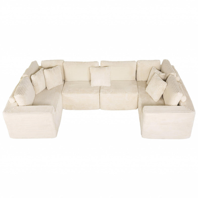 Corduroy Modular U Shaped Four Piece Corner Sectional With Console And Toss Pillows - Beige