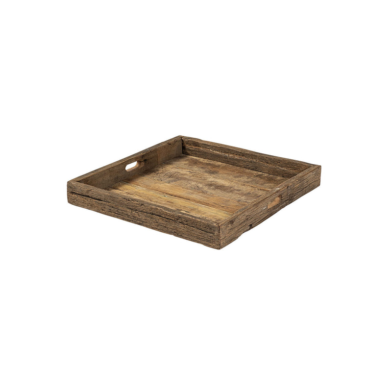 24" Square Reclaimed Wood Tray With Handles - Brown