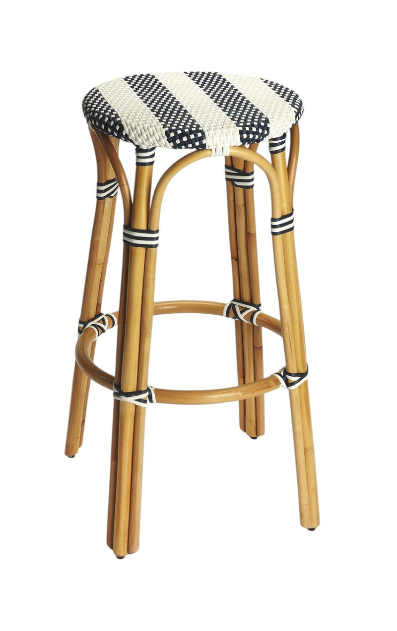 Natural Rattan Backless Bar Height Bar Chair - Blue / White