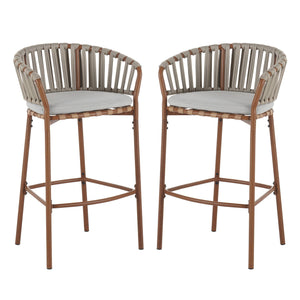 Lodi - Outdoor Matal Rope Barstool, Teak / Beige (Set of 2) - Teak / Beige