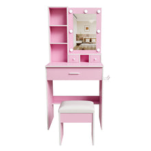 Load image into Gallery viewer, Vanity Table With Mirror, Adjustable LED Lights, Power Outlet, Hairdryer Holder &amp; Stool
