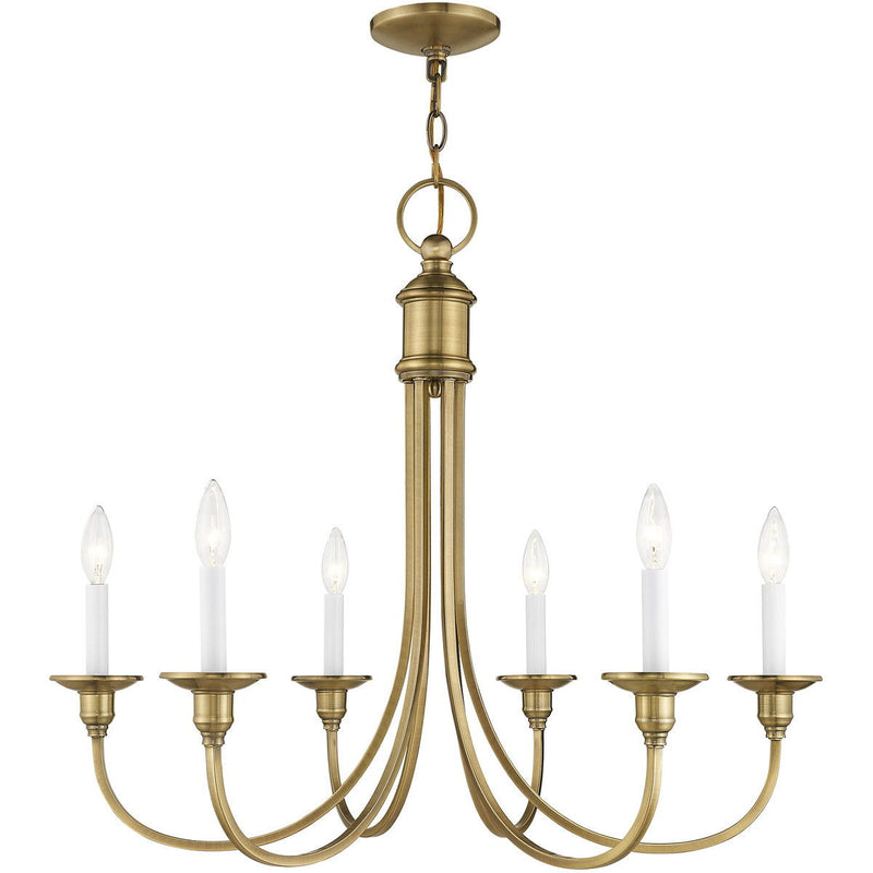 Six Light Metal Dimmable Chandelier With Shades - Antiqued Brass