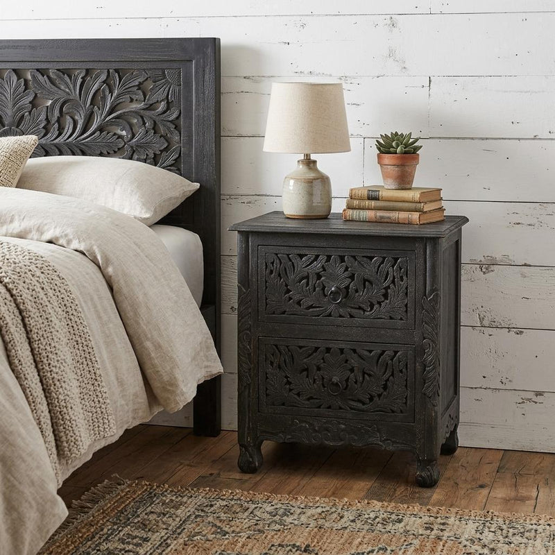 Solid Wood Square Distressed Carved Floral Two Drawer Nightstand (755905) - Black
