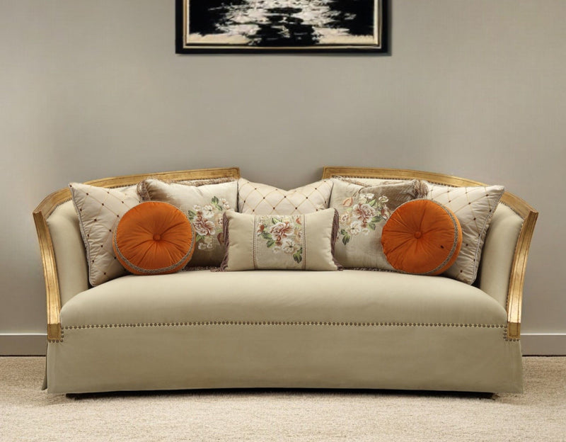 Velvet Curved Sofa And Toss Pillows With Natural Legs - Beige