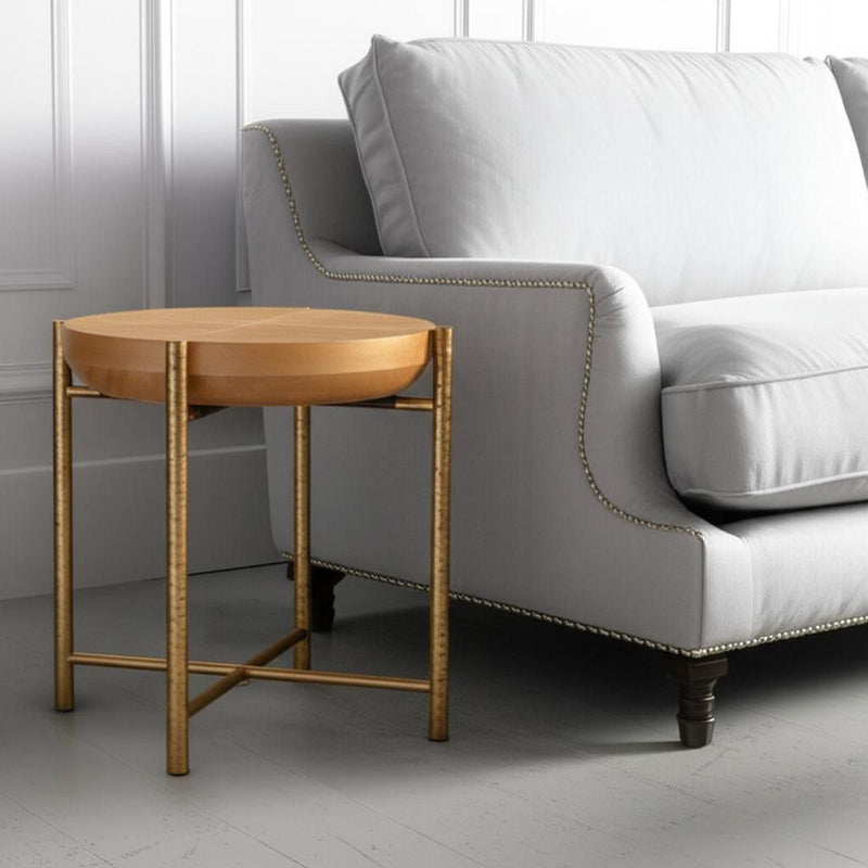 22" Wood And Stainless Steel Round End Table - Natural And Gold