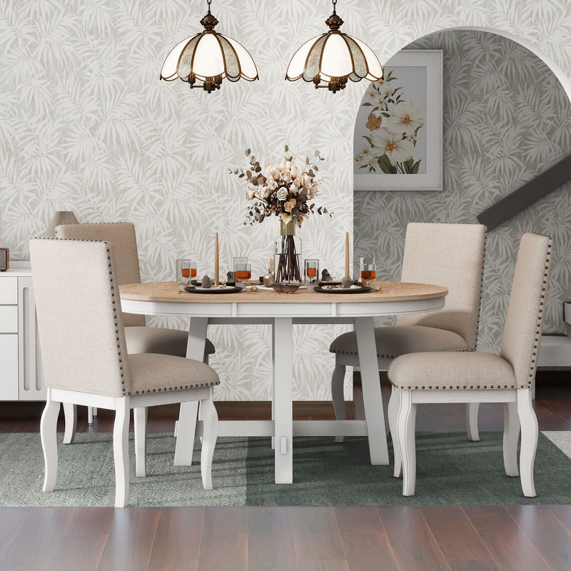 Round Extendable Dining Table Set With 4 Upholstered Chairs