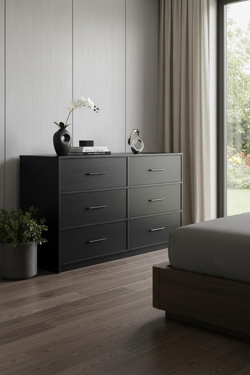 Wood Six Drawer Dresser - Black