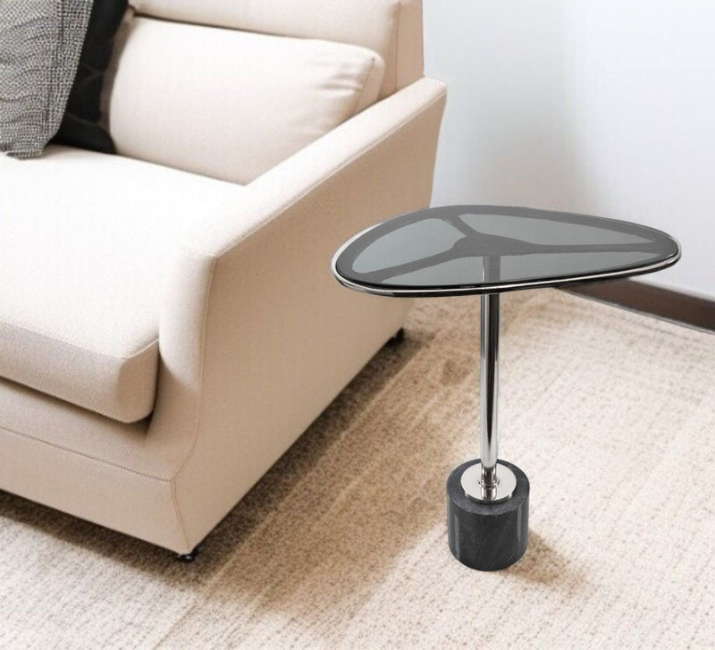 22" Smoky Aluminum Glass And Marble Pedestal End Table - Black And Silver