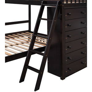 Wooden Twin Over Full Bunk Bed With Six Drawers And Flexible Shelves,Bottom Bed With Wheels,Espresso(OLD SKU:LP000531AAP)