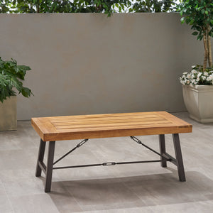 Outdoor Acacia Wood Coffee Table, Teak Finish / Rustic Metal Brown and Black, 27.25"D x 45.75"W x 18"H