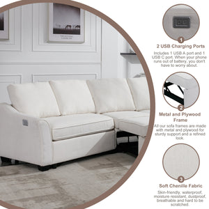 129.5" Sectional Sleeper Sofa with Pull-Out Bed Modern L-Shape Couch Bed with USB Charging Port for Living room, Bedroom, Beige