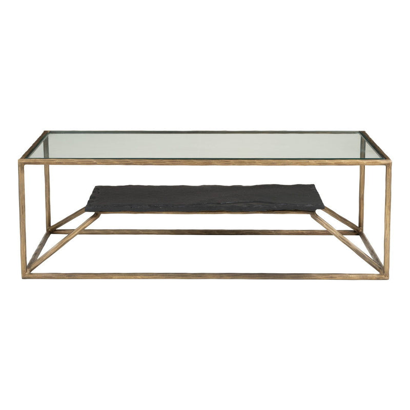 Glass Iron Pedestal Coffee Table - Brass