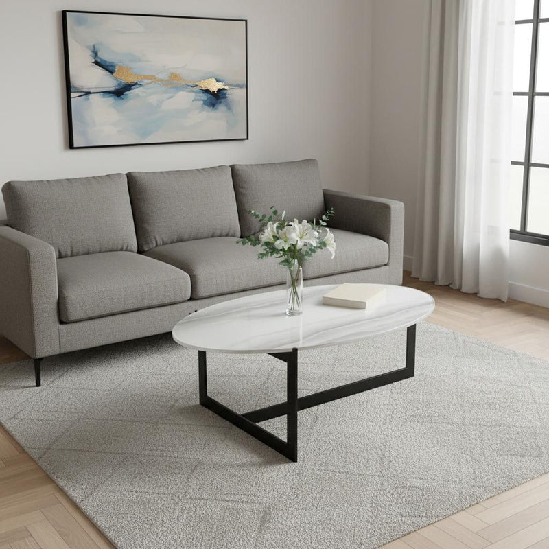 Glass Iron Round Frame Coffee Table - White / Black