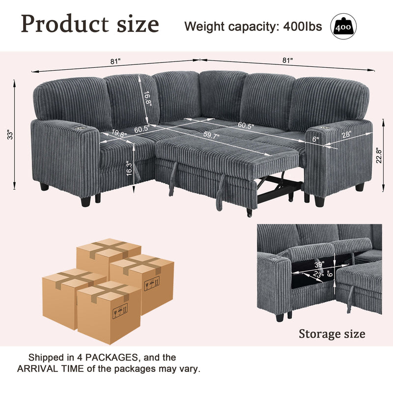 L-Shaped Sofa With Pull Out Sofa Bed With USB