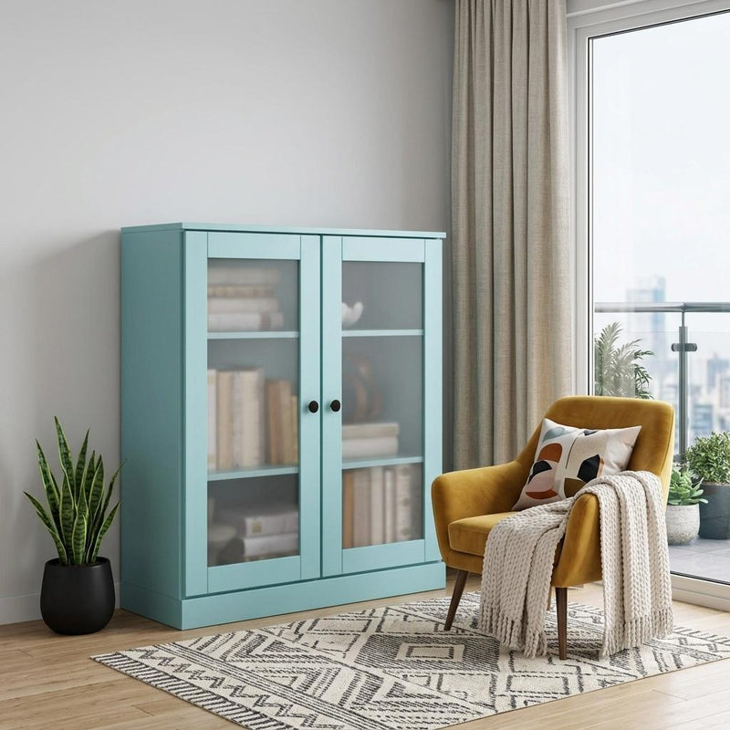 Solid Wood Adjustable Three Tier Library Bookcase With Two Doors - Aqua
