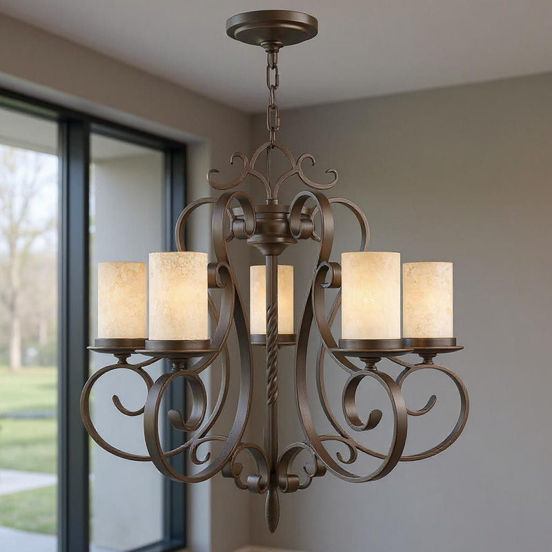 25" Five Light Dimmable Chandelier With Shades - Bronze