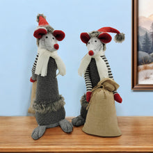 Load image into Gallery viewer, Fabric Rodent Christmas Figurine (Set of 2) - Gray / Brown / Red
