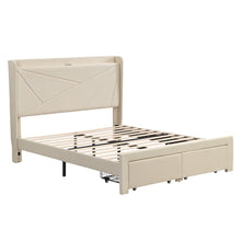 Load image into Gallery viewer, Full Size Bed Frame with 2 Storage Drawers, Upholstered Bed Frame with Wingback Headboard Storage Shelf Built-in USB Charging Stations and Strong Wood Slats Support, No Box Spring Needed, Beige
