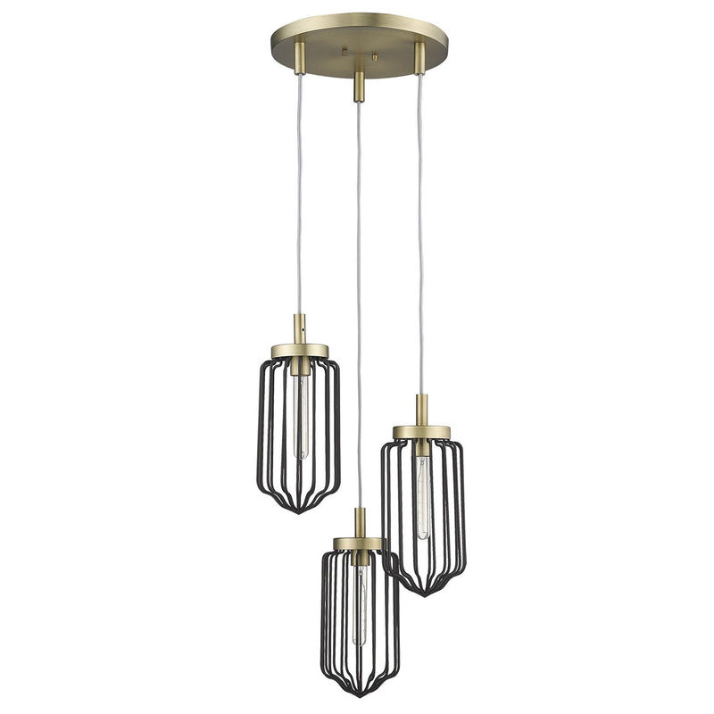 Caged Three Light Metal Dimmable Chandelier With Shades - Gold / Black