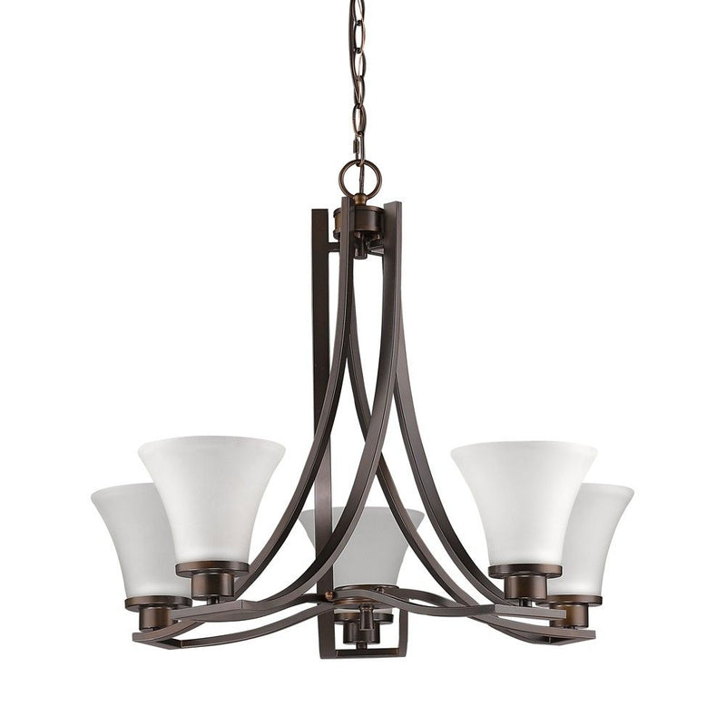 Candle Style Five Light Frosted Metal Dimmable Chandelier With Shades - Bronze / White