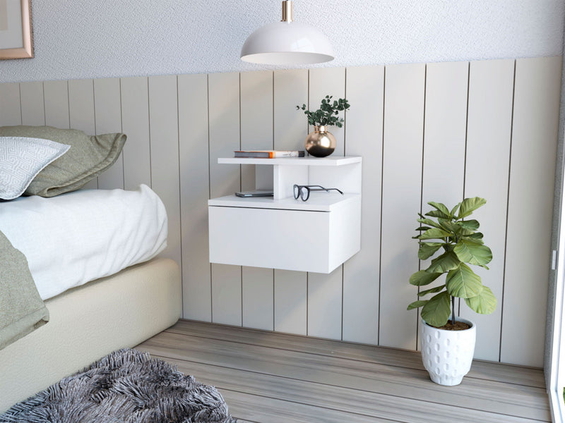 14" x 13.2" x 11.6" One Drawer Faux Wood Floating Nightstand - White