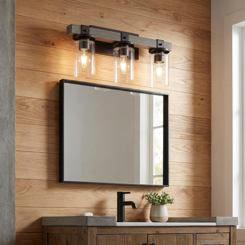 Wood Metal And Glass Three Light Bath Bar Vanity Light - Gray