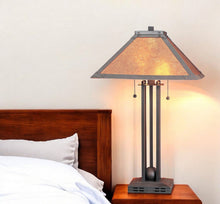 Load image into Gallery viewer, Metal Two Light Cylinder Table Lamp With Amber Square Shade - Gray
